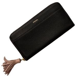 Fossil Tara Black Leather Wallet/Clutch with Pink Tassel